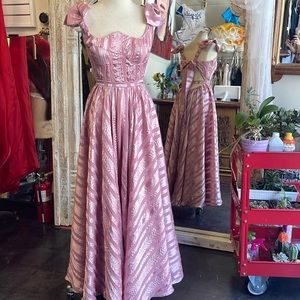 Blush rose pink satin stripe corset open back bow shoulder gown